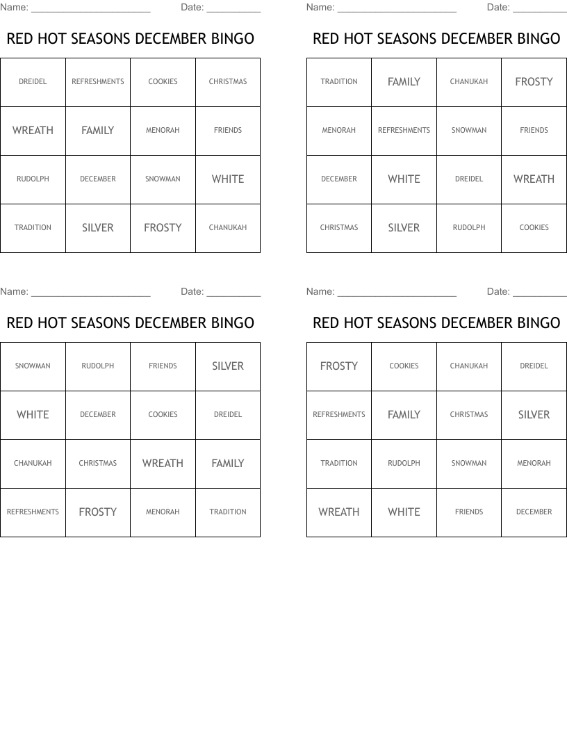RED HOT SEASONS DECEMBER BINGO
