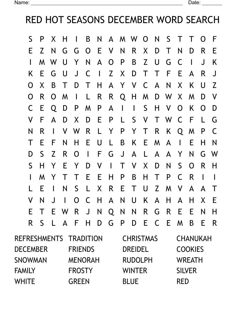 RED HOT SEASONS DECEMBER WORD SEARCH