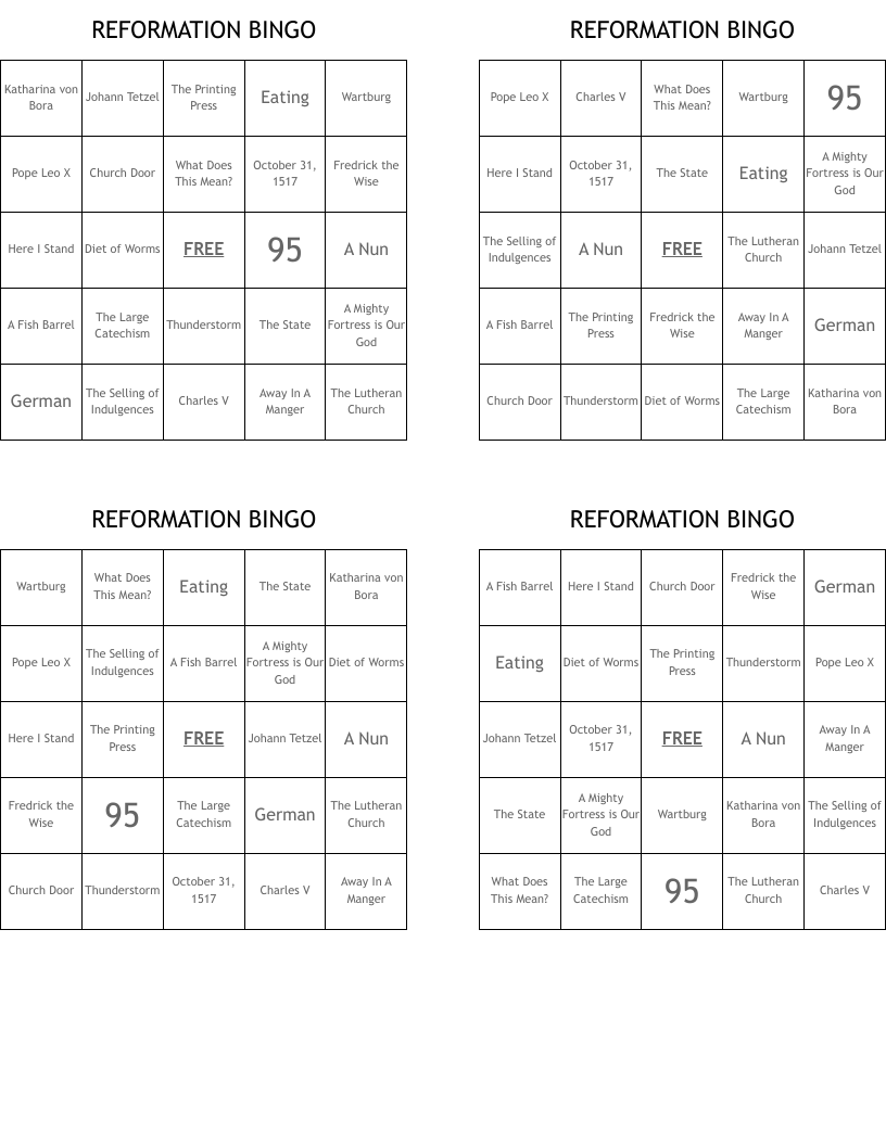 REFORMATION BINGO