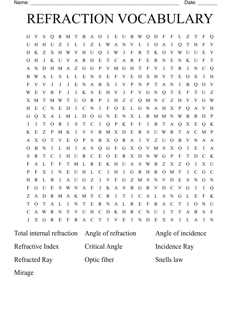 REFRACTION VOCABULARY  Word Search