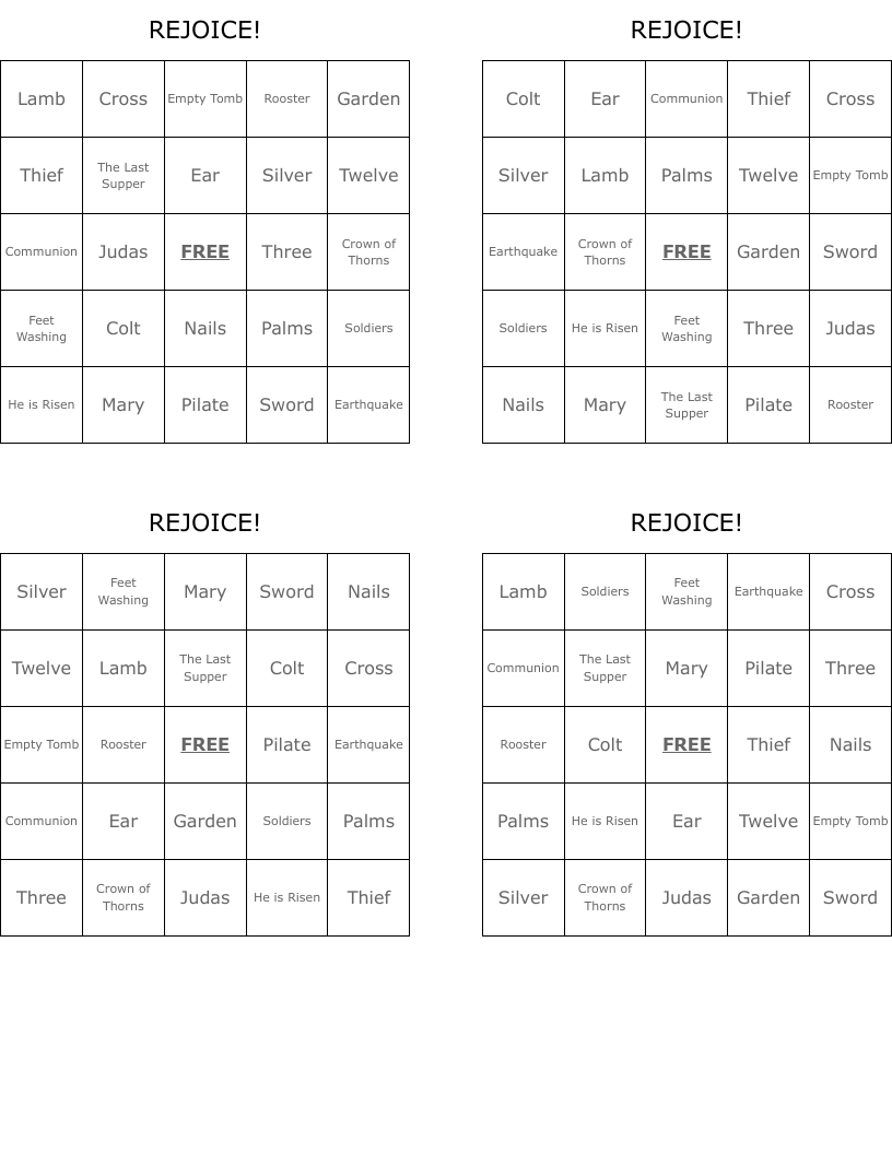 REJOICE! Bingo Cards
