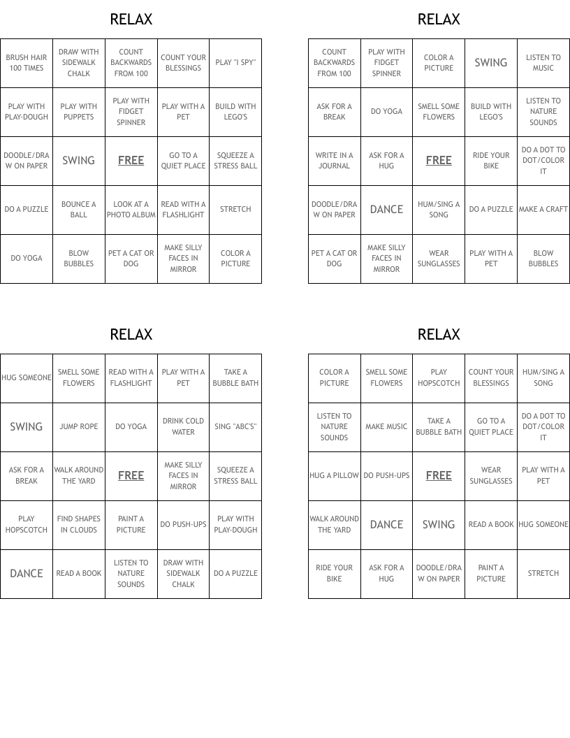 RELAX Bingo Cards