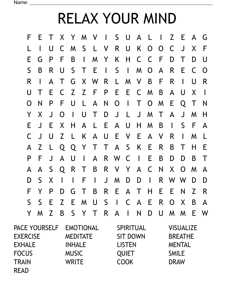 RELAX YOUR MIND Word Search