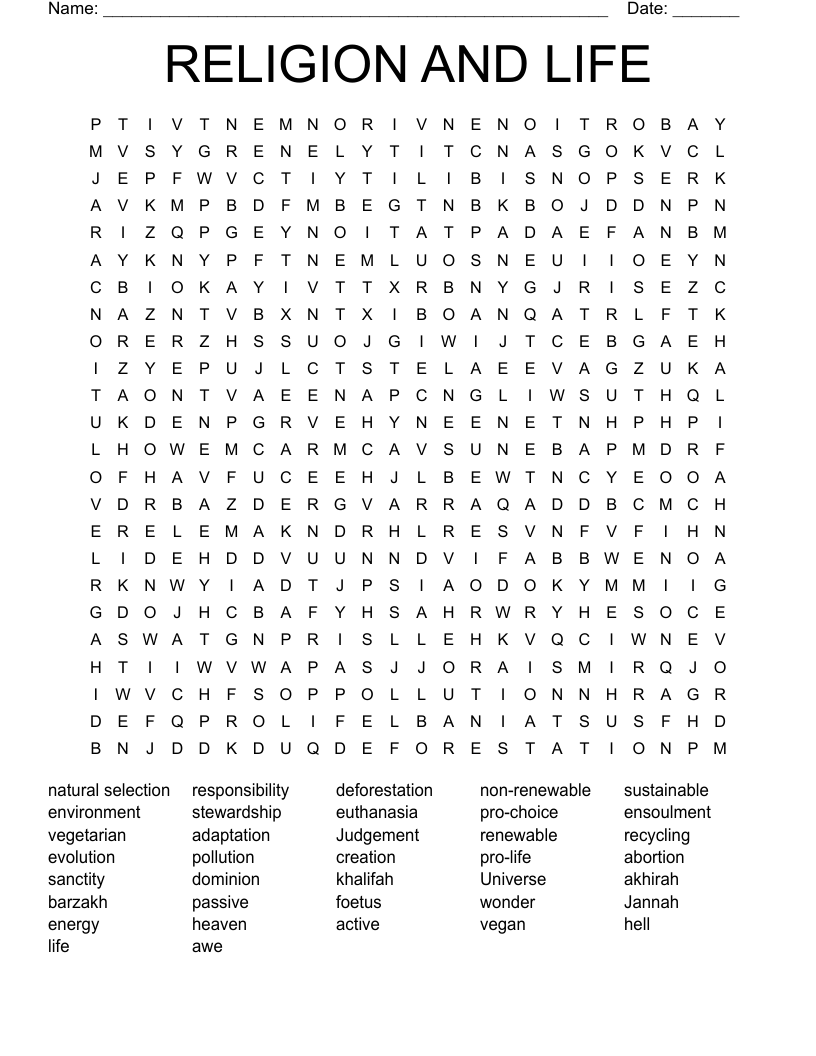 RELIGION AND LIFE Word Search