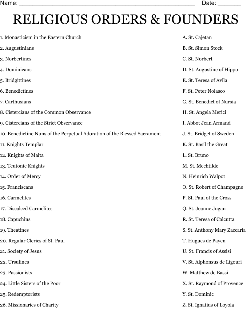 RELIGIOUS ORDERS & FOUNDERS Worksheet