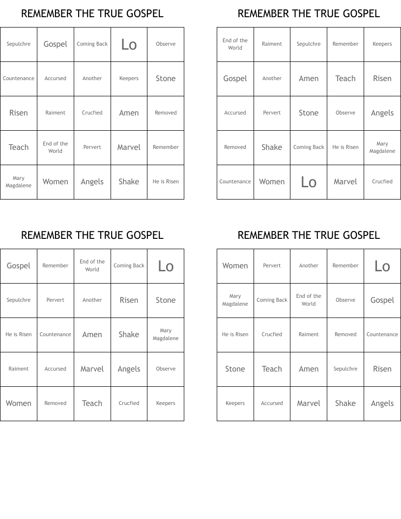 REMEMBER THE TRUE GOSPEL Bingo Cards