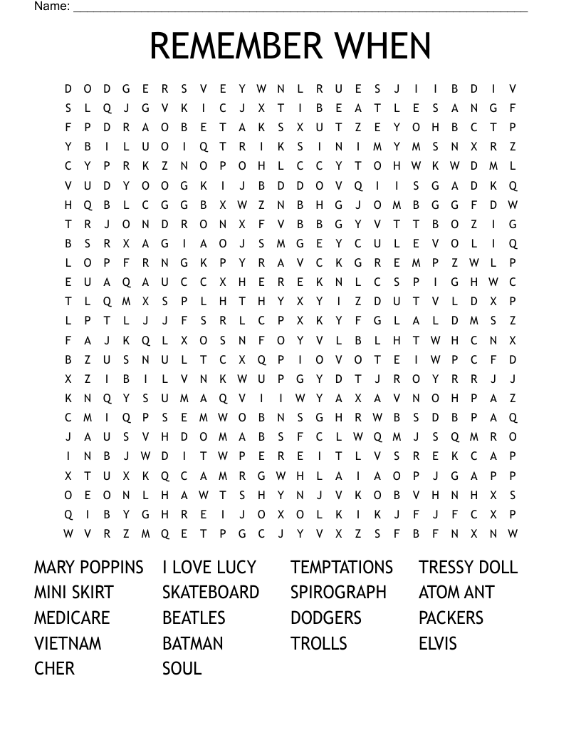 REMEMBER WHEN Word Search