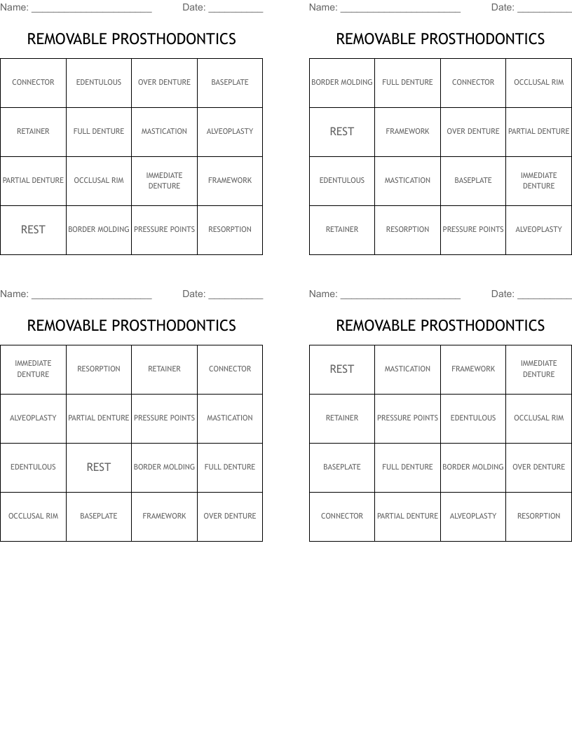 REMOVABLE PROSTHODONTICS Bingo Cards