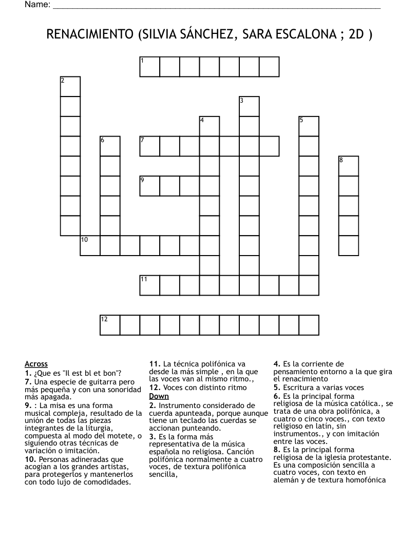 RENACIMIENTO  (SILVIA SÁNCHEZ, SARA ESCALONA ; 2D ) Crossword