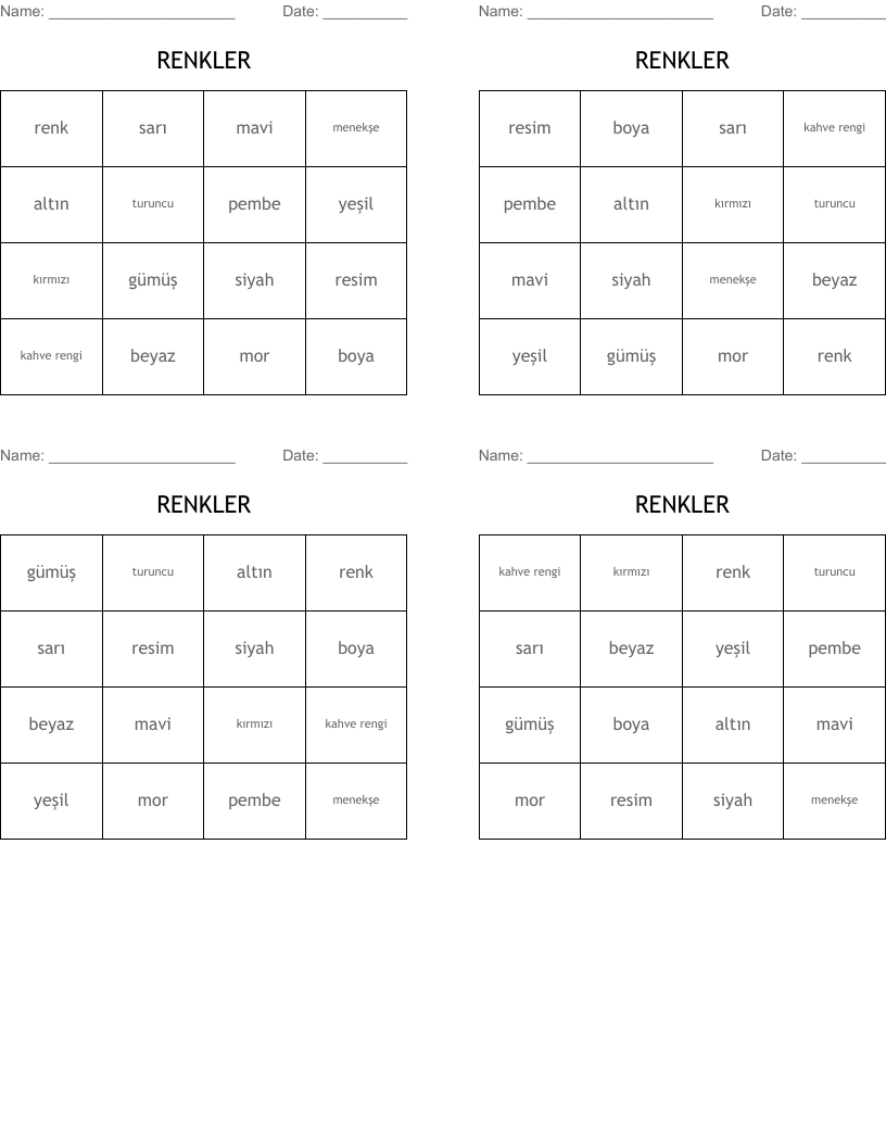 RENKLER Bingo Cards