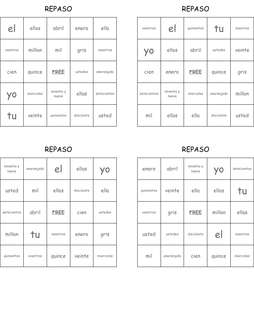 REPASO Bingo Cards