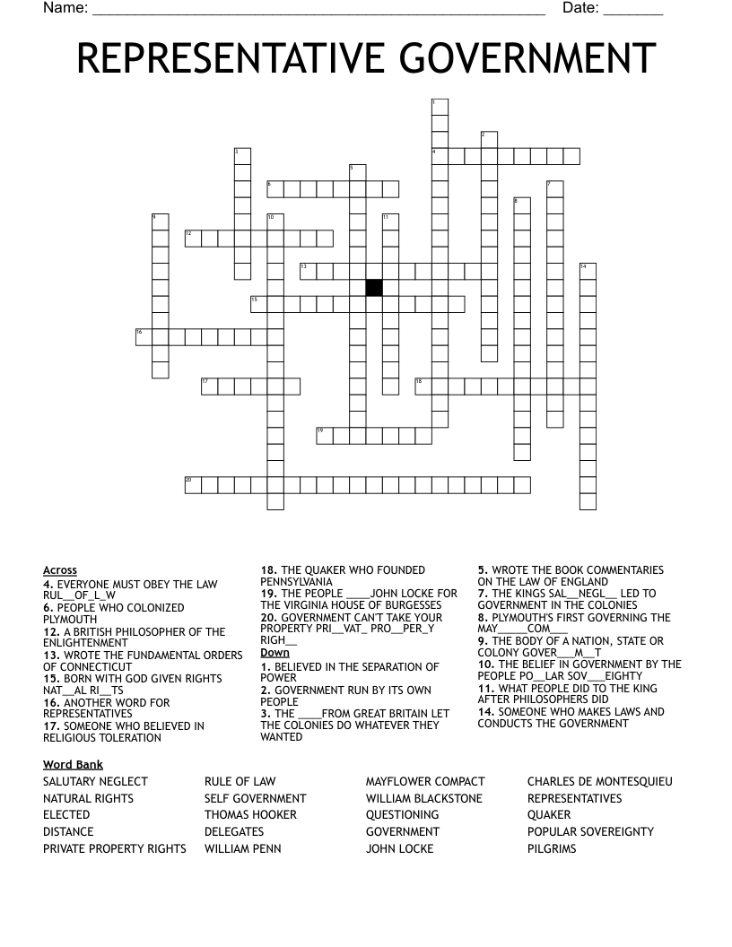 REPRESENTATIVE GOVERNMENT Crossword