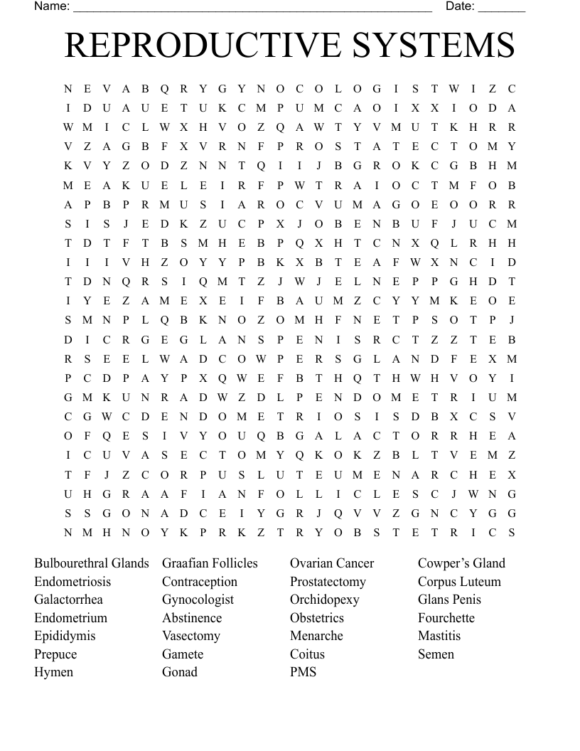 REPRODUCTIVE SYSTEMS Word Search