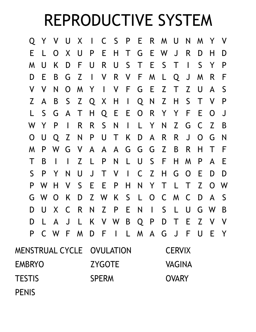 REPRODUCTIVE SYSTEM Word Search