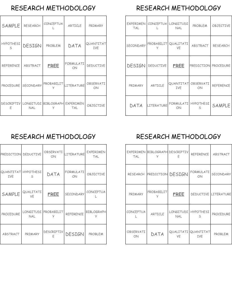 RESEARCH METHODOLOGY Bingo Cards