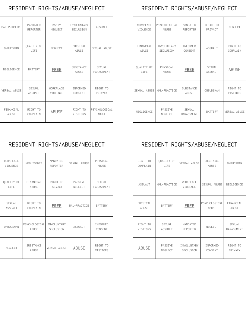 RESIDENT RIGHTS/ABUSE/NEGLECT Bingo Cards