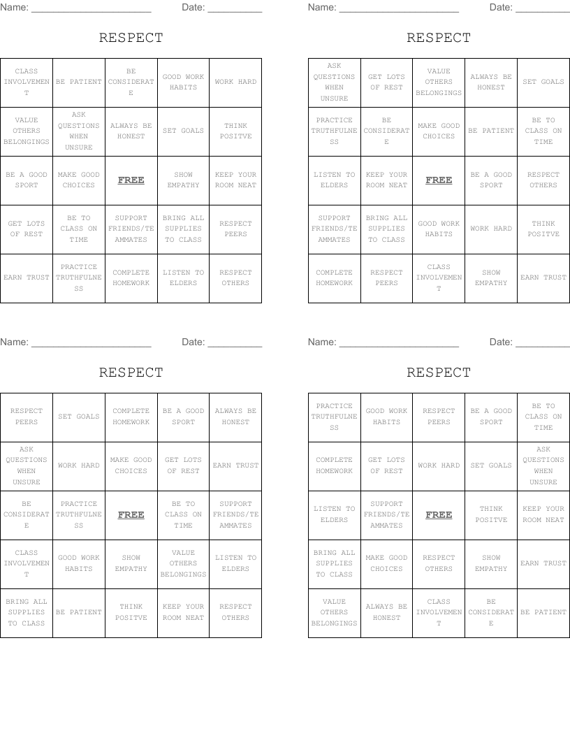 RESPECT Bingo Cards