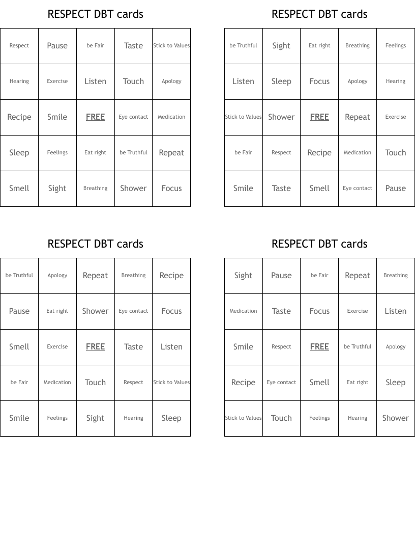 RESPECT DBT cards Bingo Cards