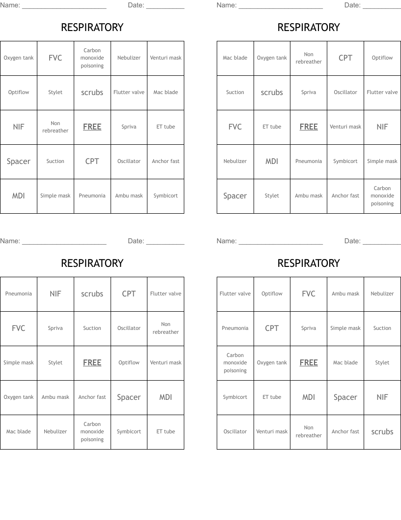 RESPIRATORY  Bingo Cards