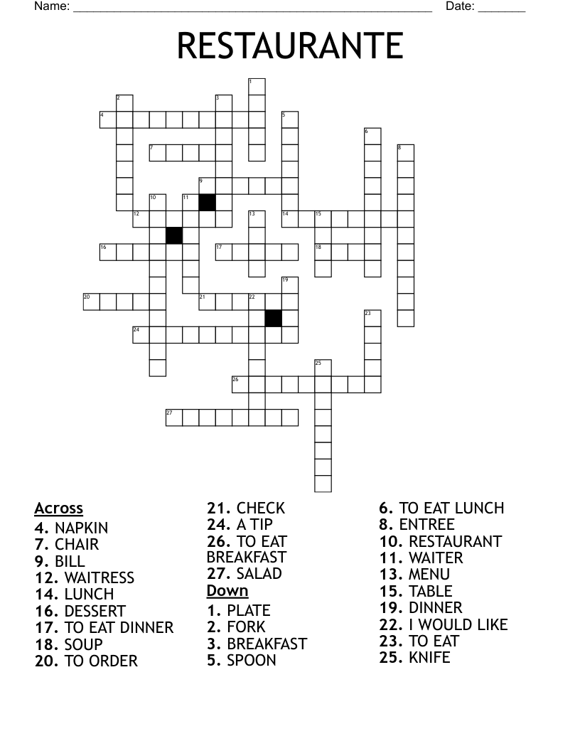 RESTAURANTE Crossword