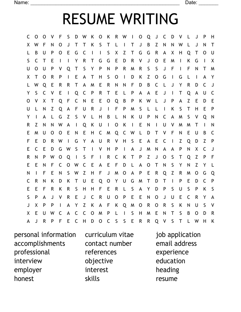 RESUME WRITING Word Search