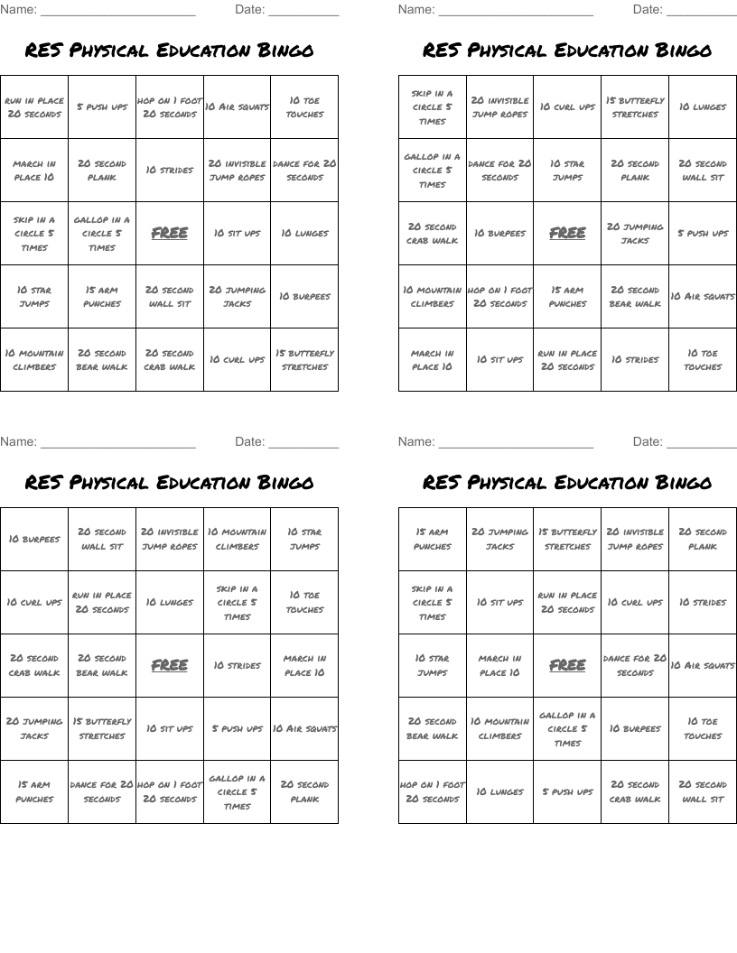 RES Physical Education Bingo
