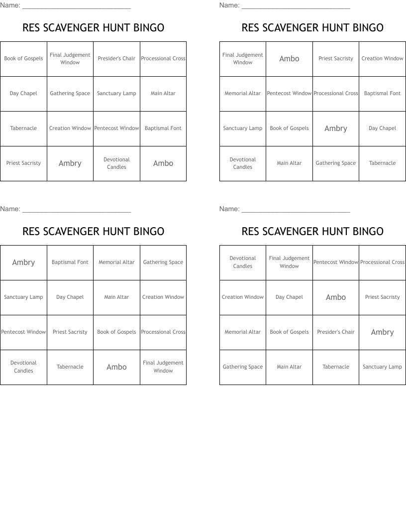 RES SCAVENGER HUNT BINGO