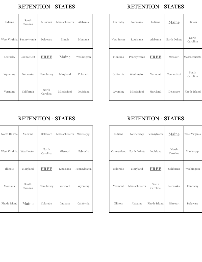 RETENTION - STATES Bingo Cards