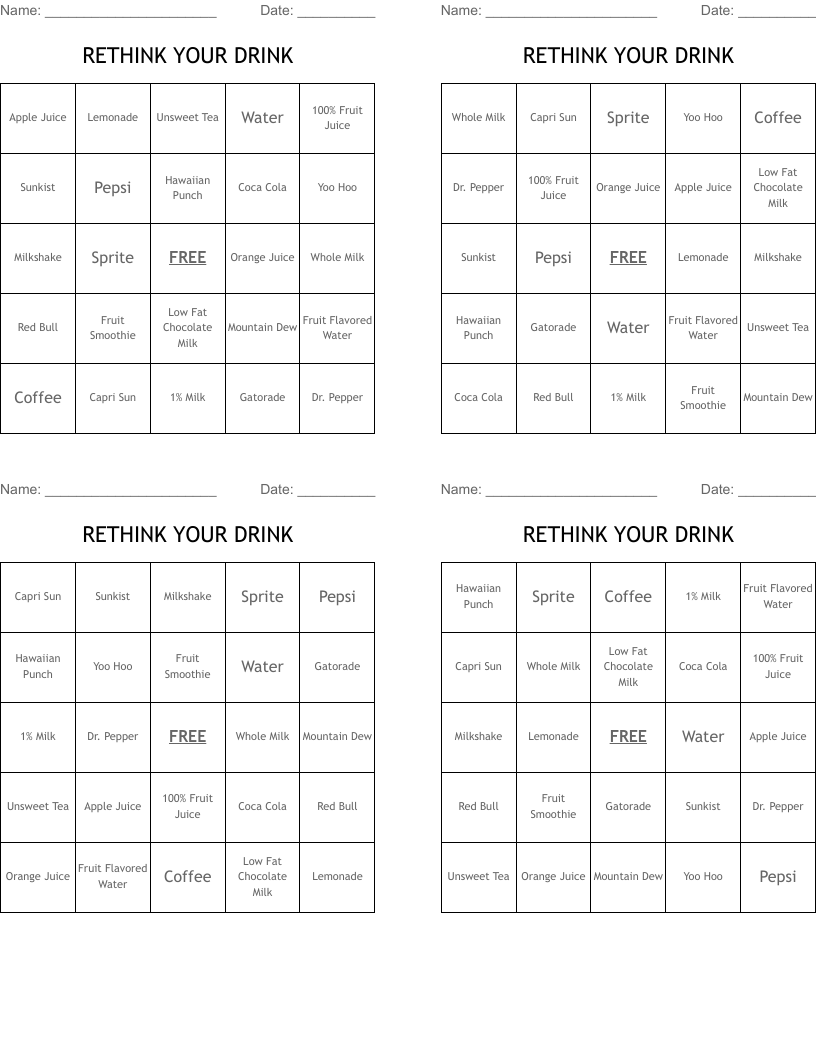RETHINK YOUR DRINK Bingo Cards