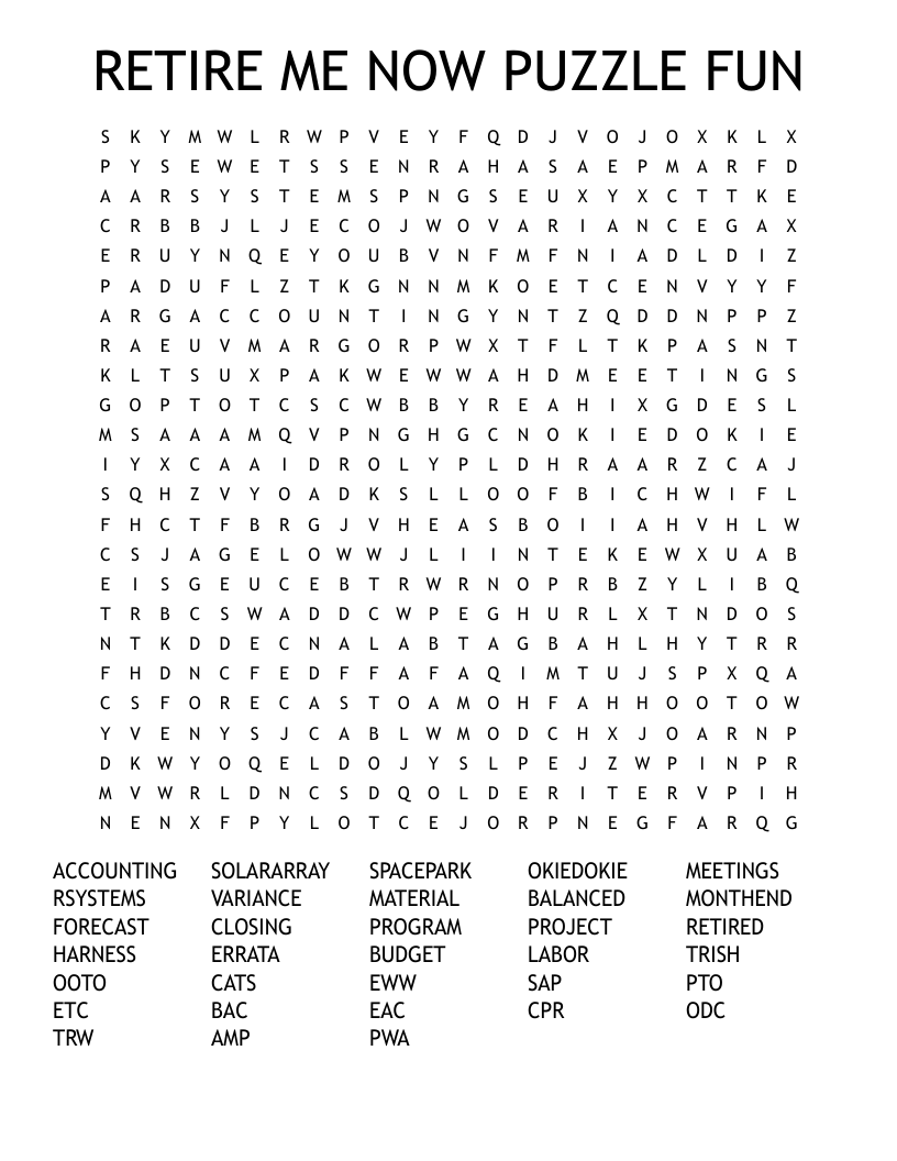 RETIRE ME NOW PUZZLE FUN Word Search