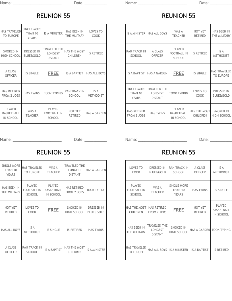 REUNION 55 Bingo Cards