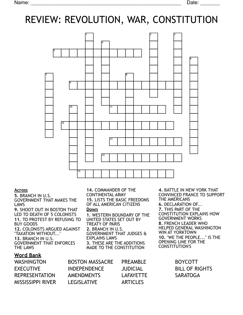 REVIEW: REVOLUTION, WAR, CONSTITUTION Crossword