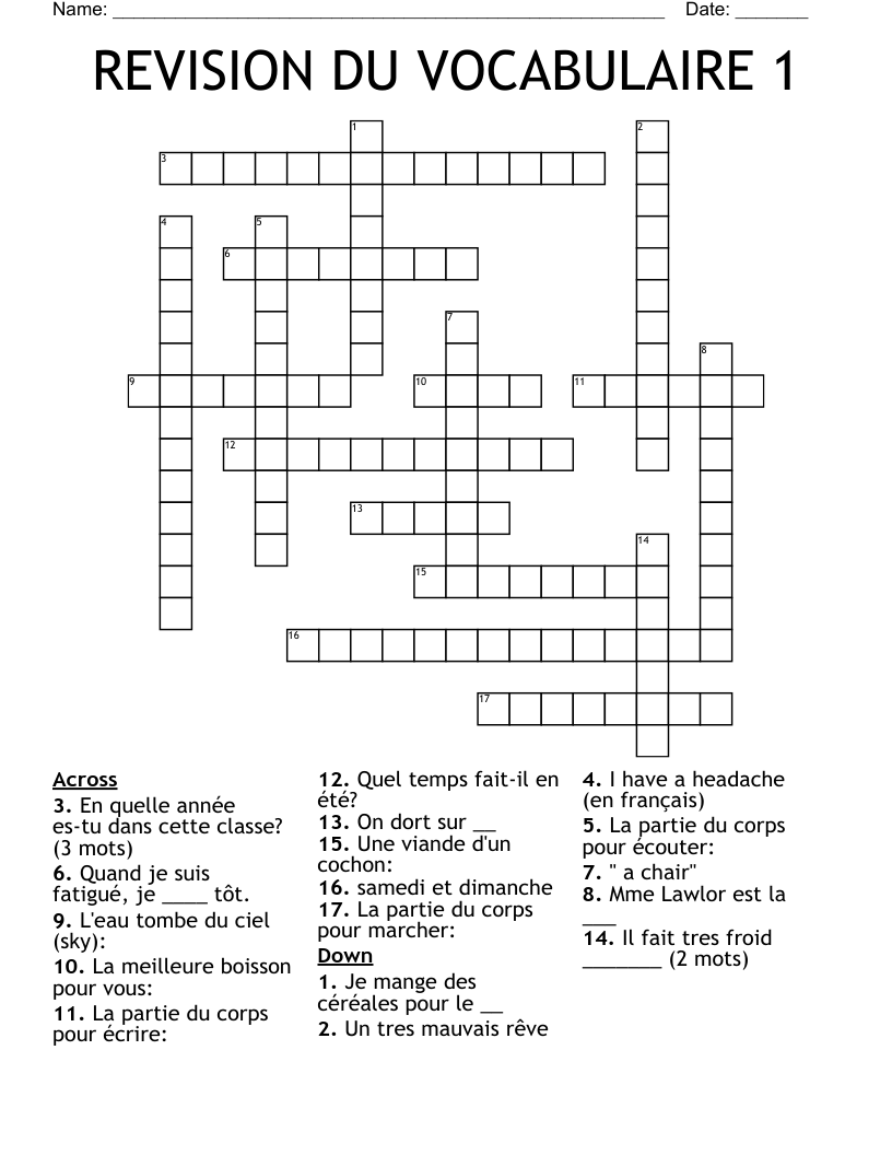 REVISION DU VOCABULAIRE 1 Crossword