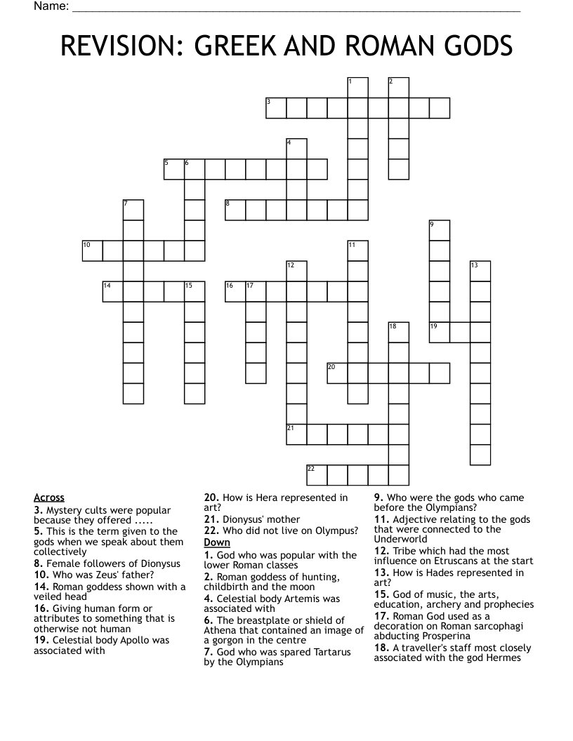 REVISION: GREEK AND ROMAN GODS Crossword