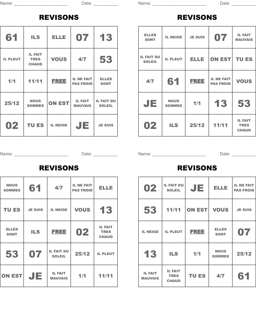 REVISONS Bingo Cards