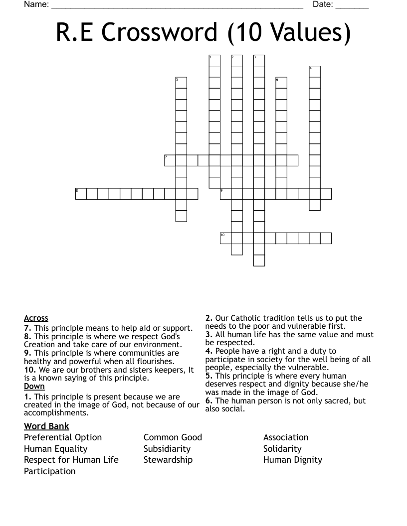 R.E Crossword (10 Values)