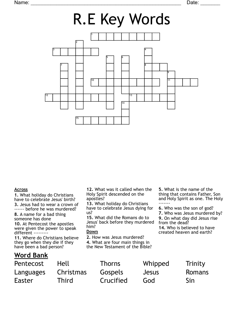 R.E Key Words Crossword