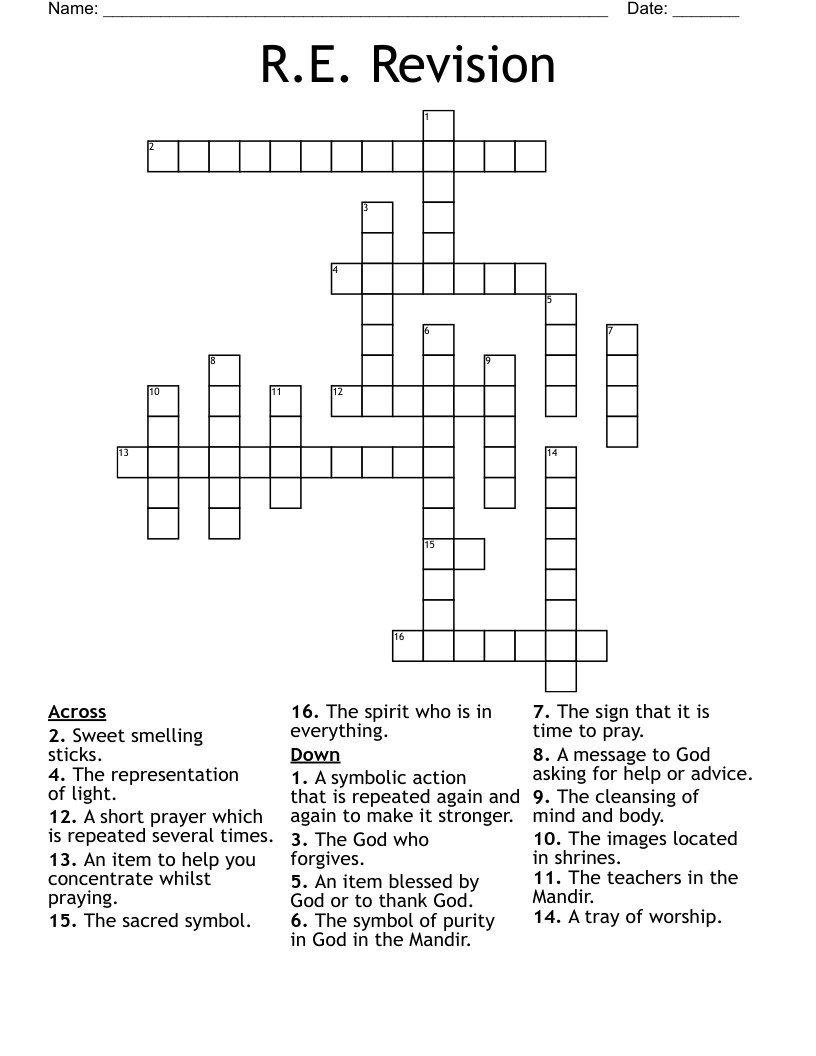 R.E. Revision Crossword