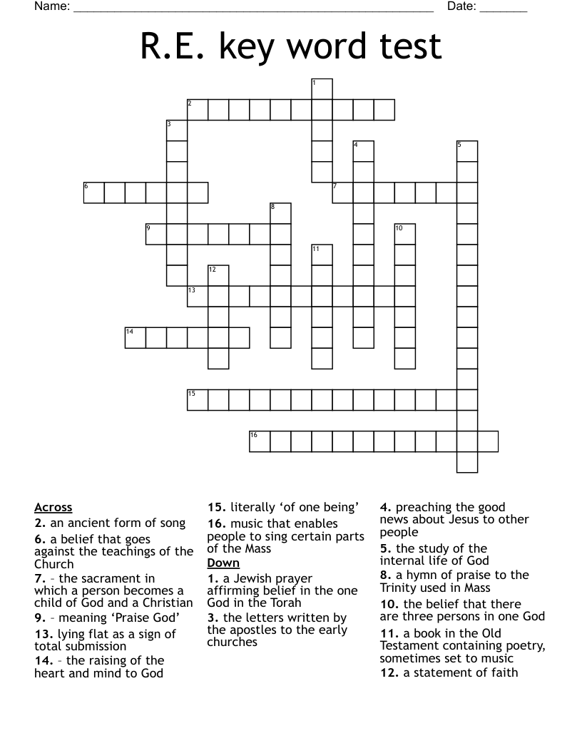 R.E. key word test Crossword