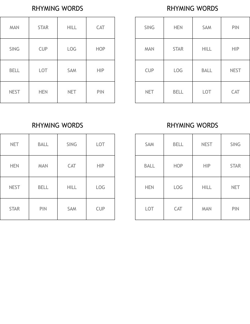 RHYMING WORDS Bingo Cards