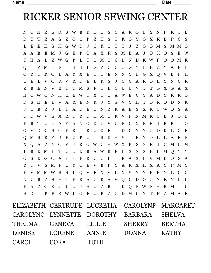 RICKER  SENIOR SEWING CENTER Word Search