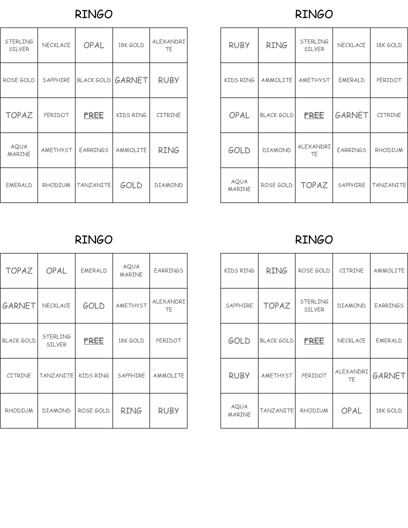 RINGO Bingo Cards
