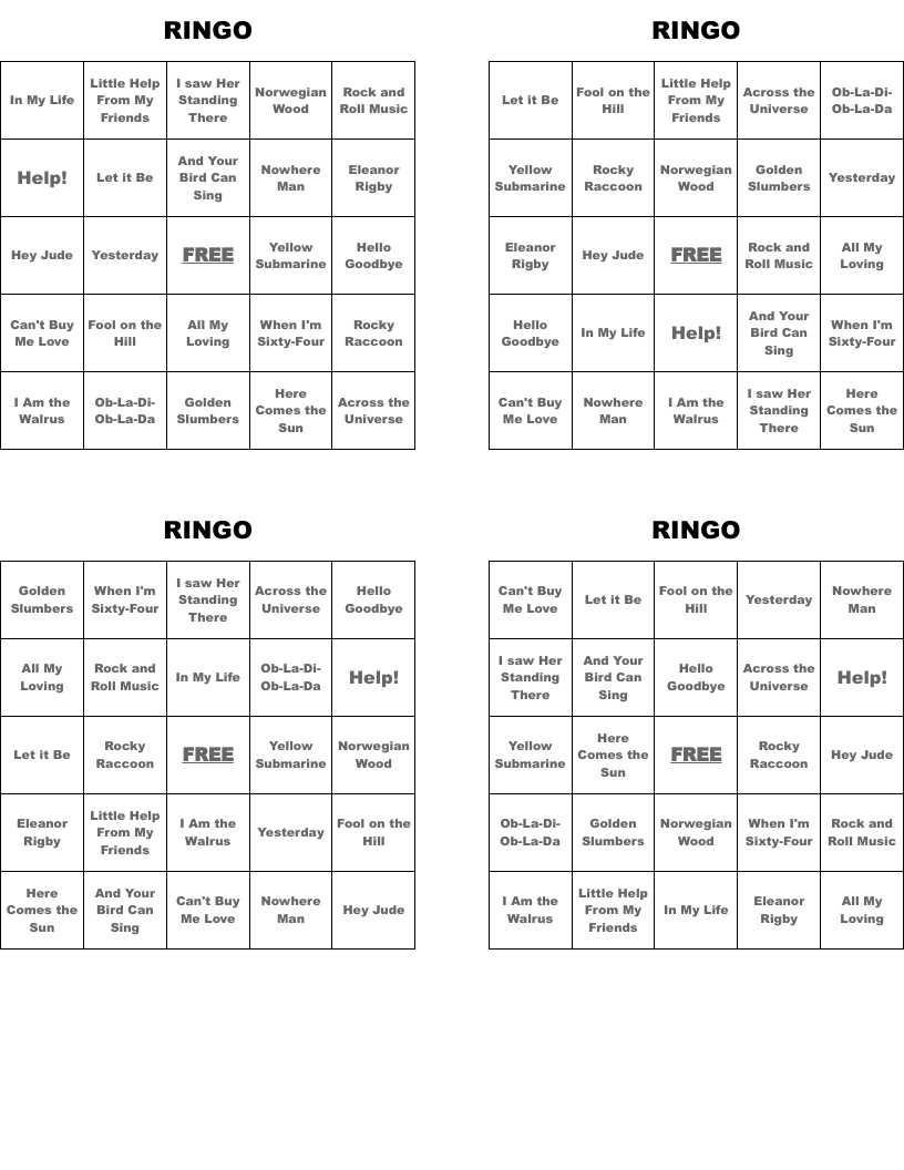 RINGO Bingo Cards