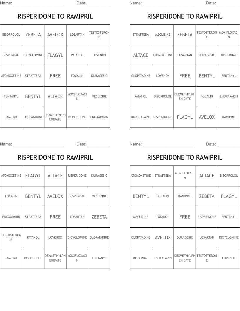 RISPERIDONE TO RAMIPRIL Bingo Cards