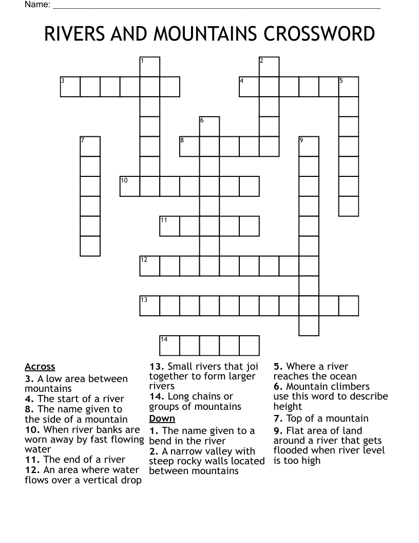 RIVERS AND MOUNTAINS CROSSWORD
