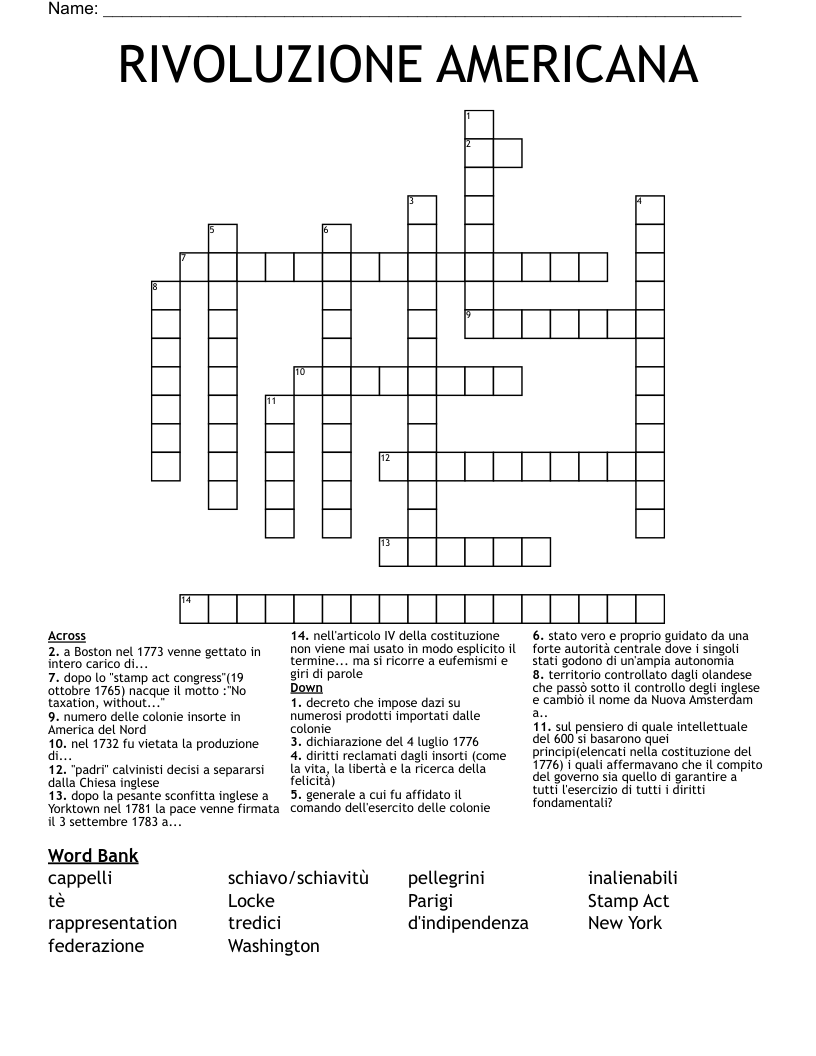 RIVOLUZIONE AMERICANA Crossword