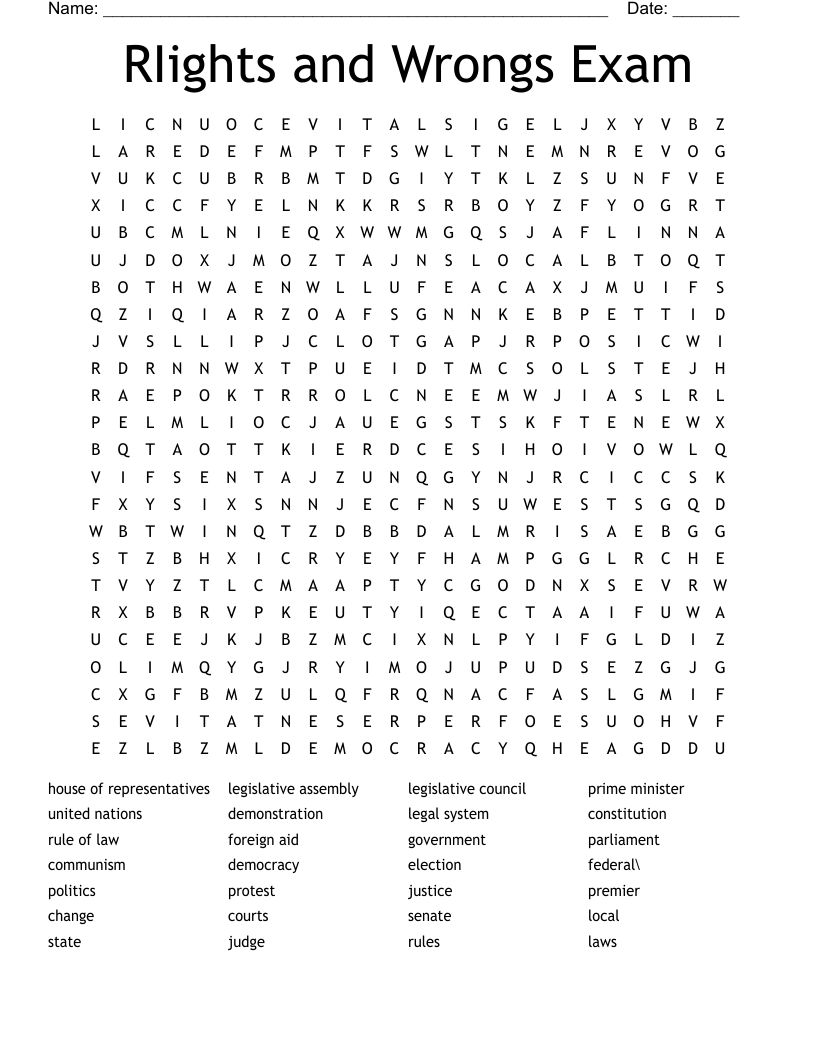 RIights and Wrongs Exam Word Search