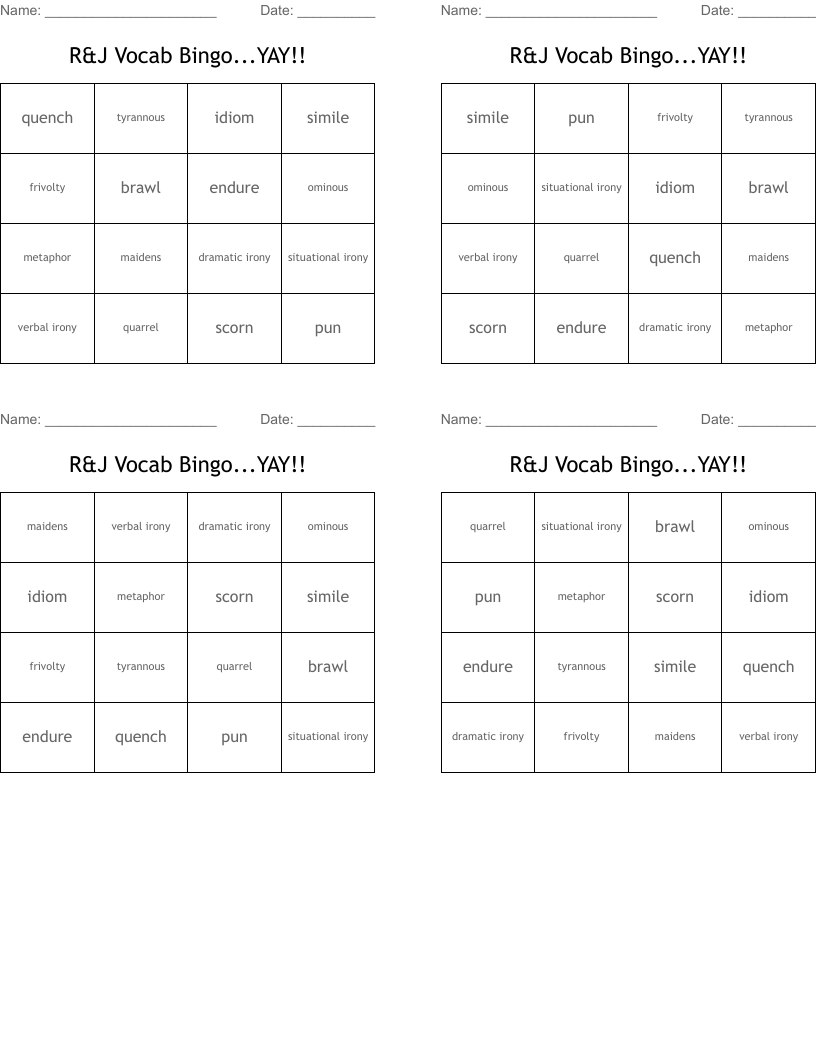 R&J Vocab Bingo...YAY!!