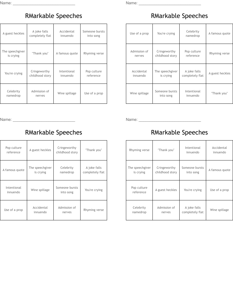 RMarkable Speeches Bingo Cards