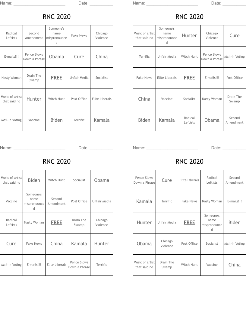 RNC 2020 Bingo Cards